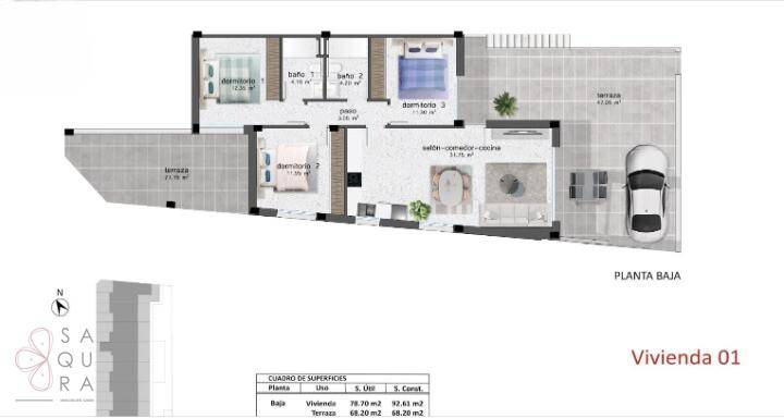 Grundriss der Erdgeschossebene mit drei Schlafzimmern, zwei Bädern und Terrasse.