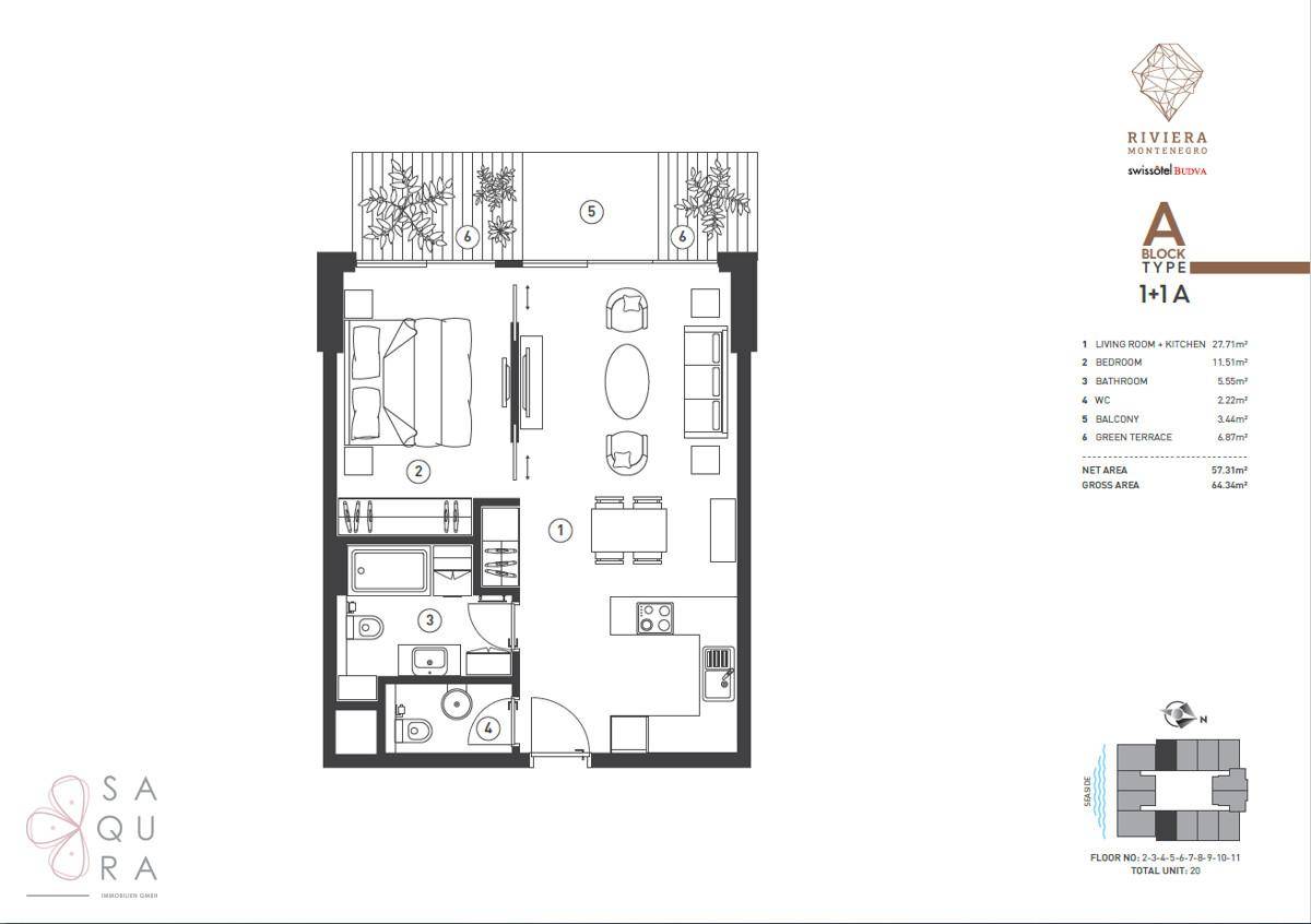 Grundriss einer Wohnung mit einem Schlafzimmer, offenem Wohnbereich und Balkon.