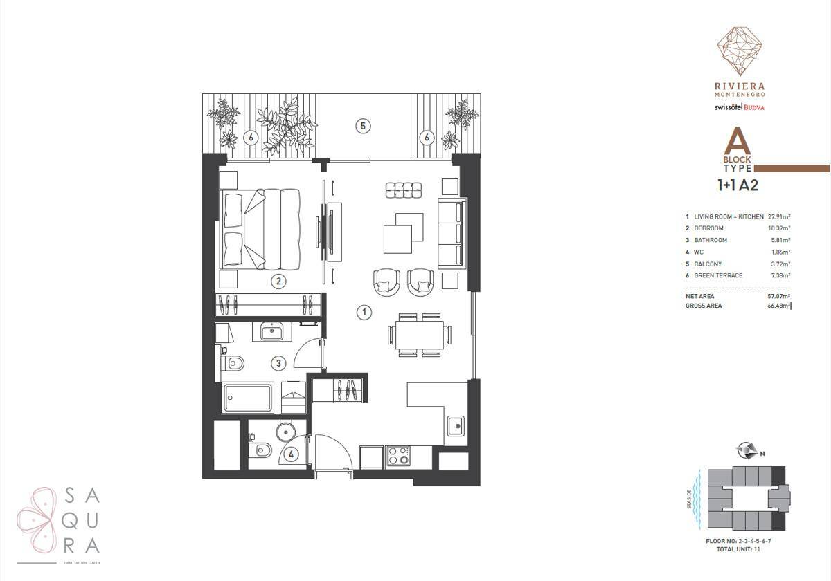 Grundriss einer Wohnung mit einem Schlafzimmer, offenem Wohnbereich und Balkon.