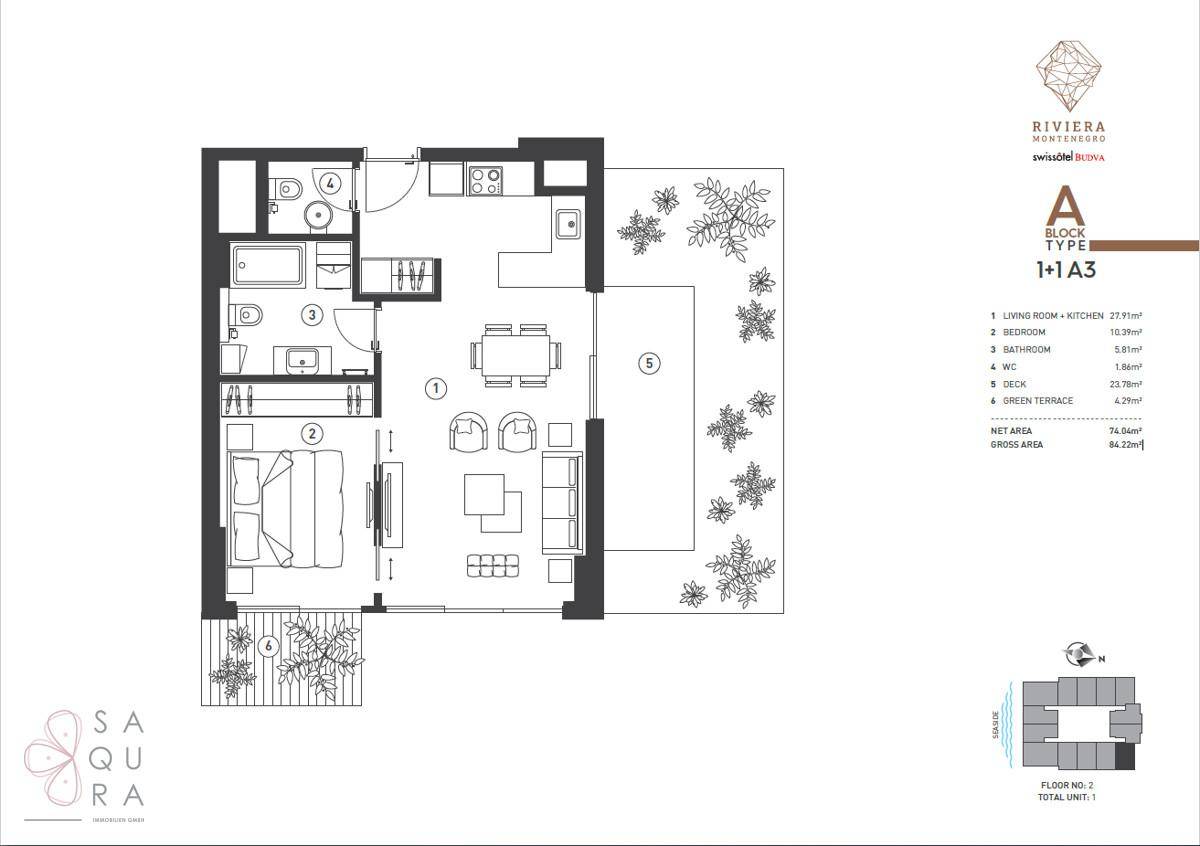 Grundriss einer Wohnung mit offenem Wohnbereich, Schlafzimmer, Badezimmer, separatem WC und großer Terrasse.