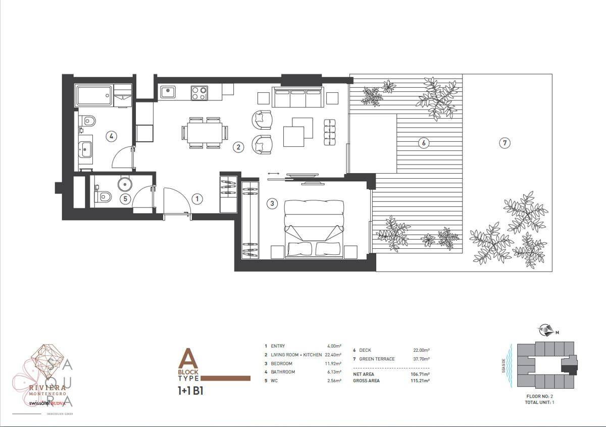 Grundriss einer Wohnung mit einem Schlafzimmer, offenem Wohnbereich und großer Terrasse.