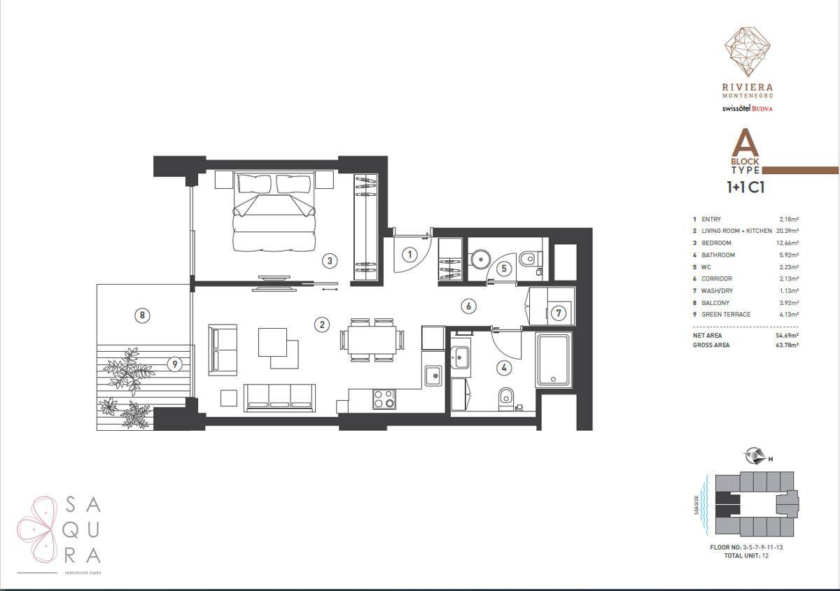 Grundriss für eine Wohnung mit einem Schlafzimmer, offener Küche und Balkon.