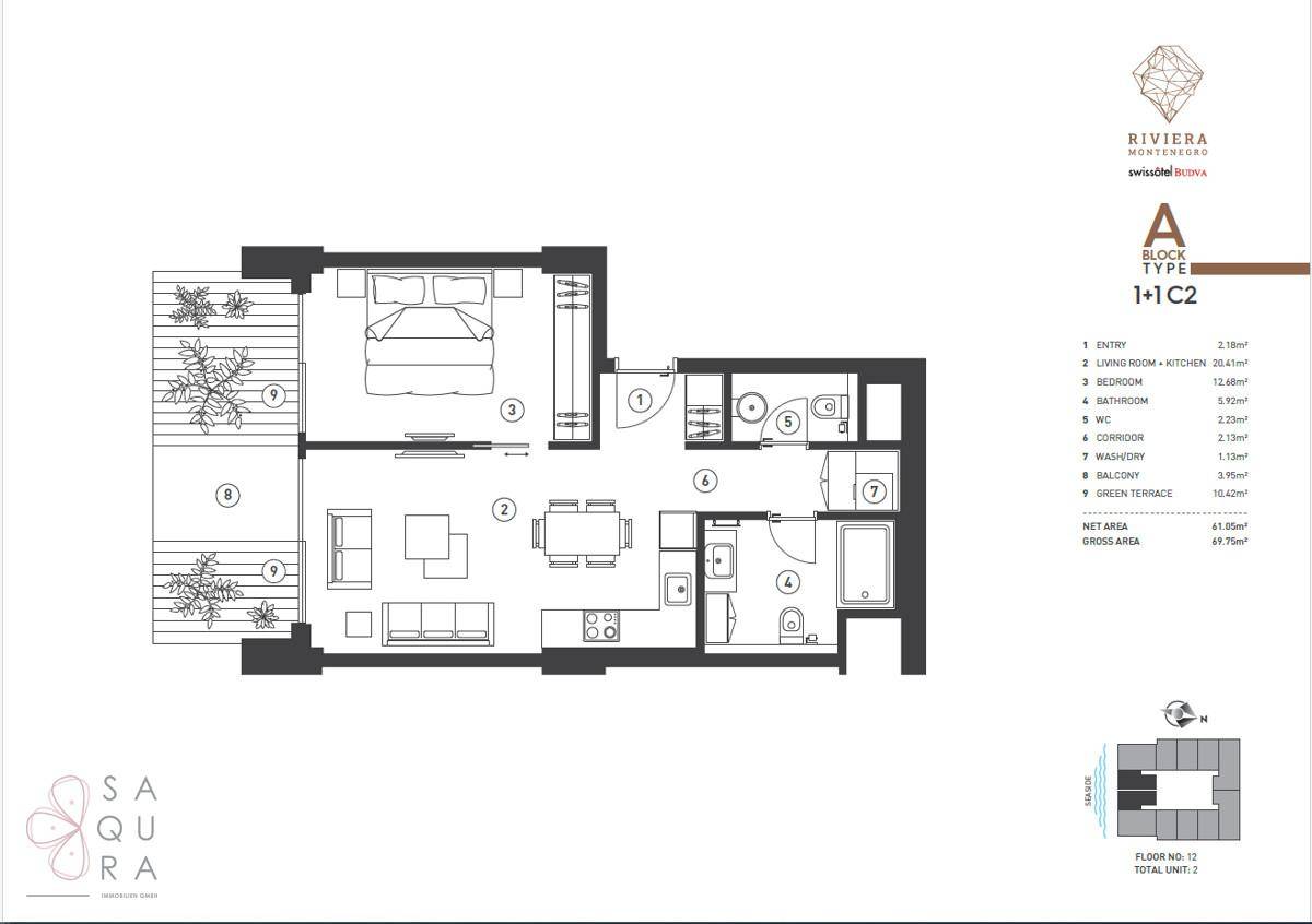 Grundriss einer Wohnung mit einem Schlafzimmer, offenem Wohnbereich und Balkon.