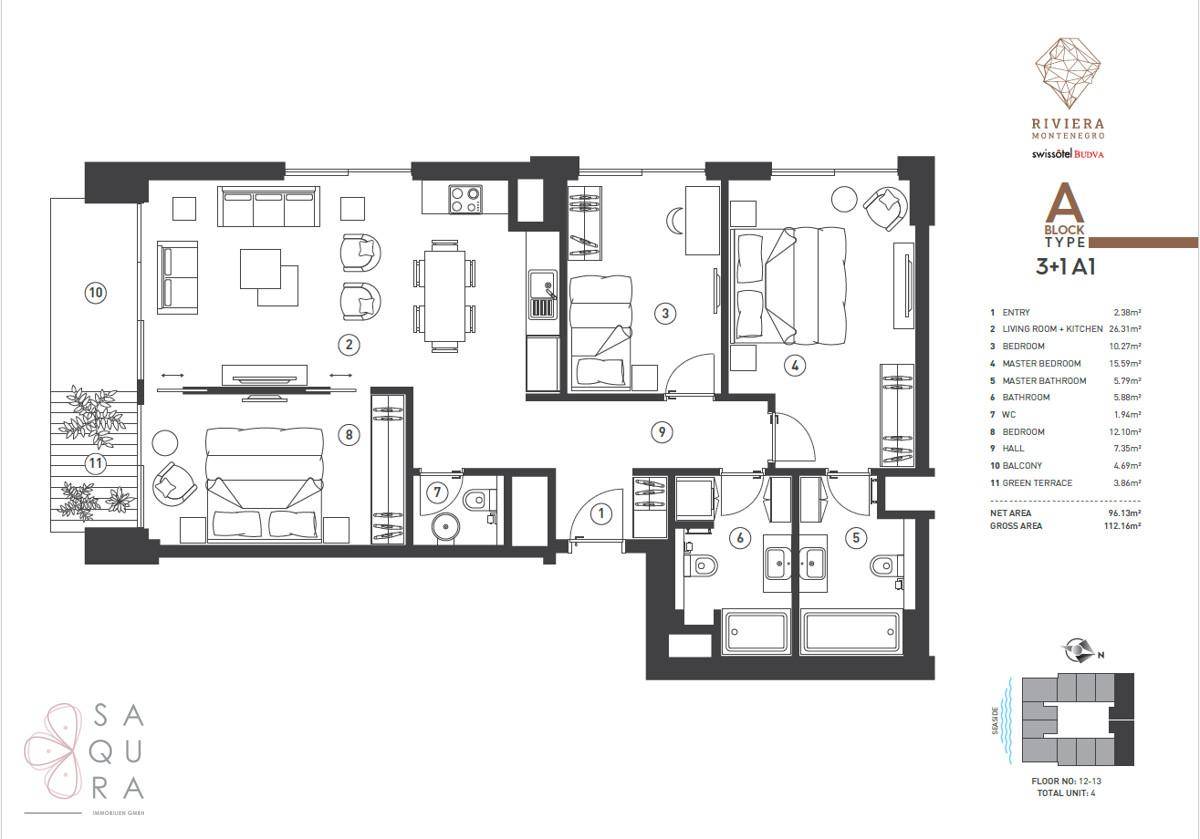 Grundriss einer Wohnung mit drei Schlafzimmern, offenem Wohnbereich und Balkon.