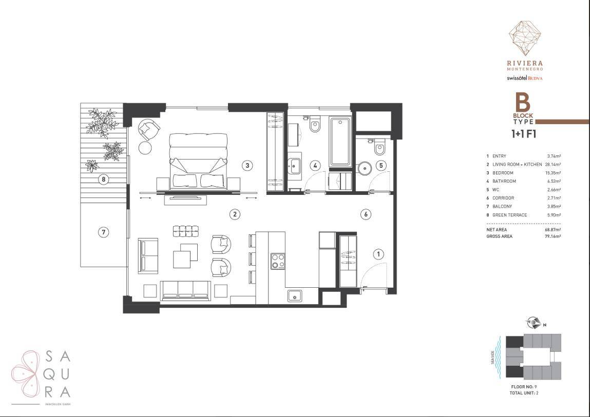 Grundriss einer Wohnung mit einem Schlafzimmer, offenem Wohnbereich, Balkon und Bad.