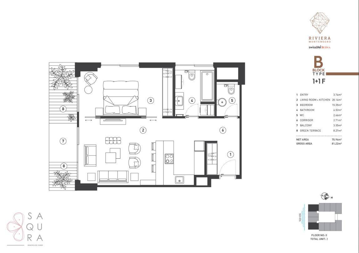 Grundriss einer 1+1 Wohnung mit Wohnküche, Schlafzimmer, Bad und grüner Terrasse.