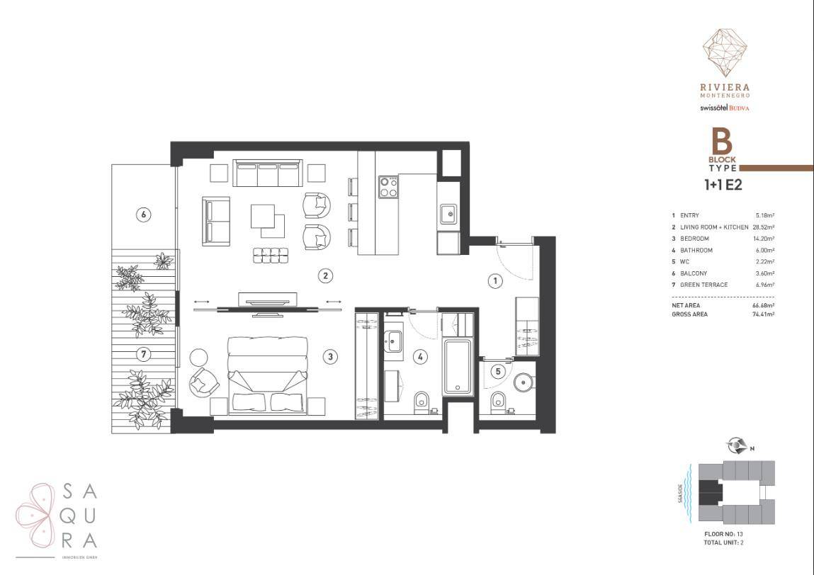 Grundriss einer Wohnung mit einem Schlafzimmer, offenem Wohnbereich und großer Terrasse.