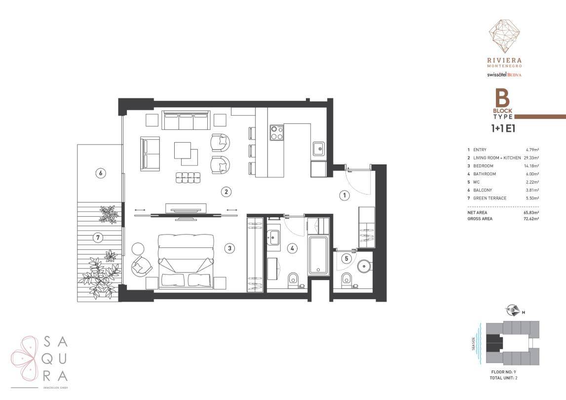 Grundriss des Apartments Typ B mit einem Schlafzimmer, Wohnküche und Terrasse.