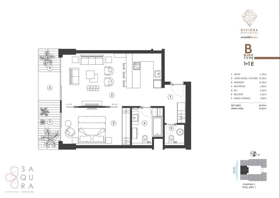 Grundriss für eine Wohnung mit einem Schlafzimmer, offenem Wohnbereich und großer Terrasse.