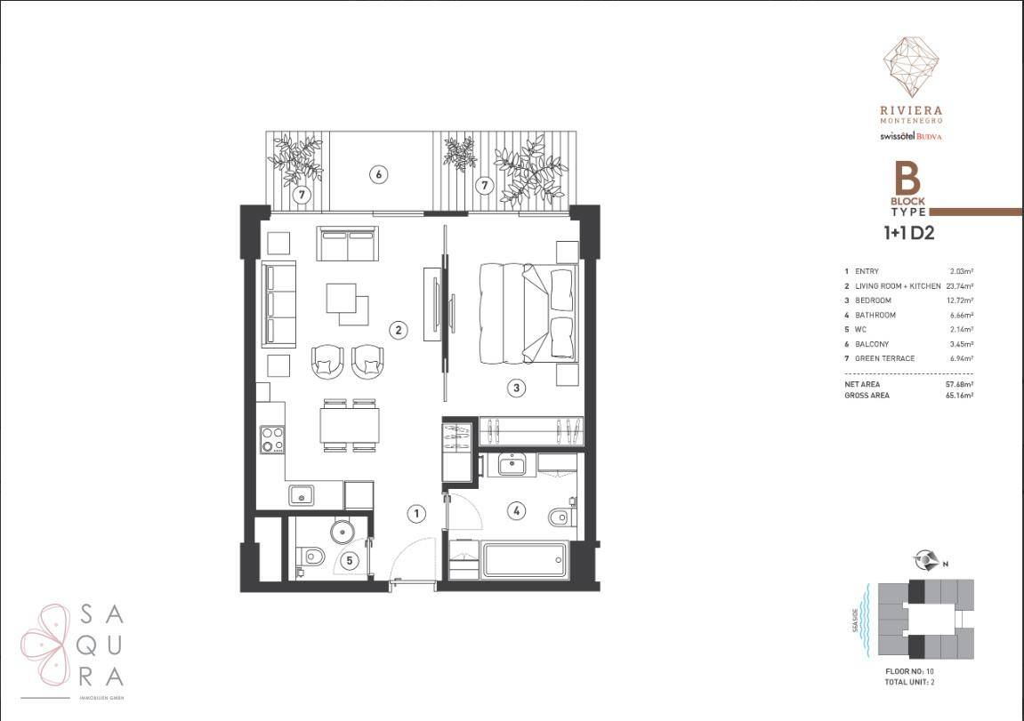 Grundriss einer Wohnung mit einem Schlafzimmer, offenem Wohnbereich und Terrasse.