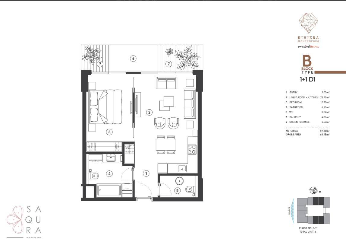 Grundriss einer Wohnung mit einem Schlafzimmer, offenem Wohnbereich und Balkon.