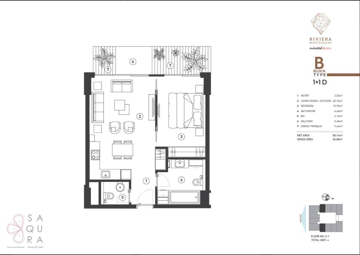 Grundriss einer Wohnung mit einem Schlafzimmer, offenem Wohnbereich und Terrasse.