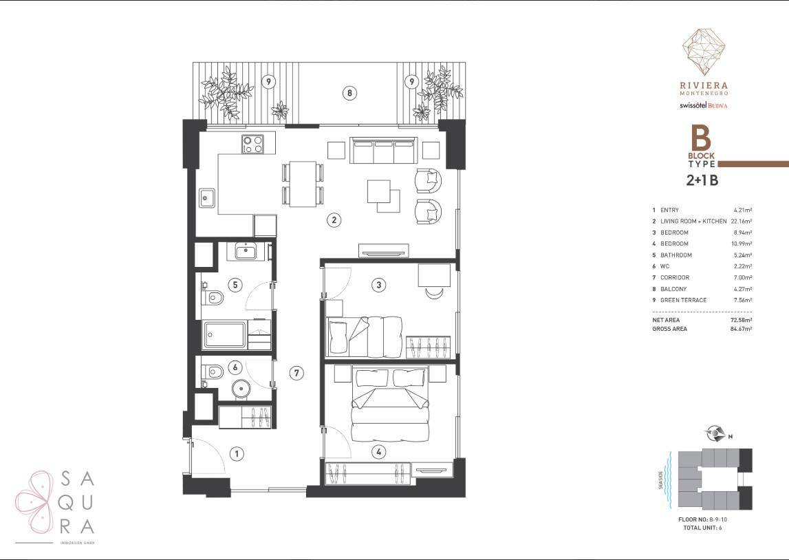 Grundriss der Wohnung B mit zwei Schlafzimmern, offenem Wohnbereich und Balkon.