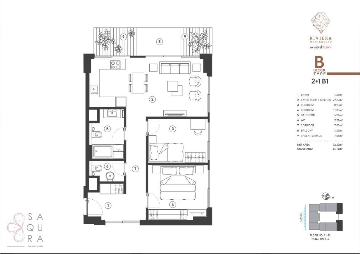 Grundriss einer Wohnung mit zwei Schlafzimmern, offenem Wohnbereich und Balkon.