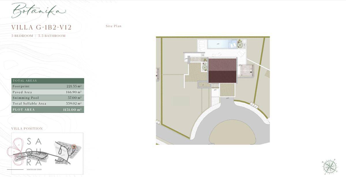 Übersichtsplan der Villa mit Grundstück, Poolbereich und Zufahrt.