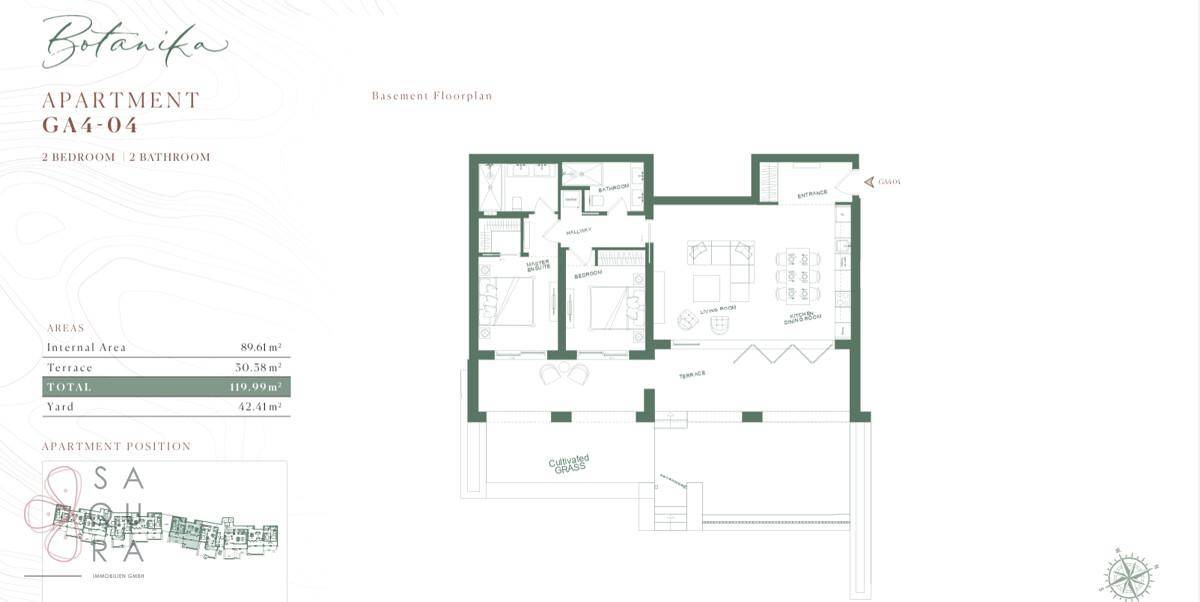 Grundriss einer Wohnung mit zwei Schlafzimmern, zwei Bädern, offenem Wohnbereich und Terrasse.