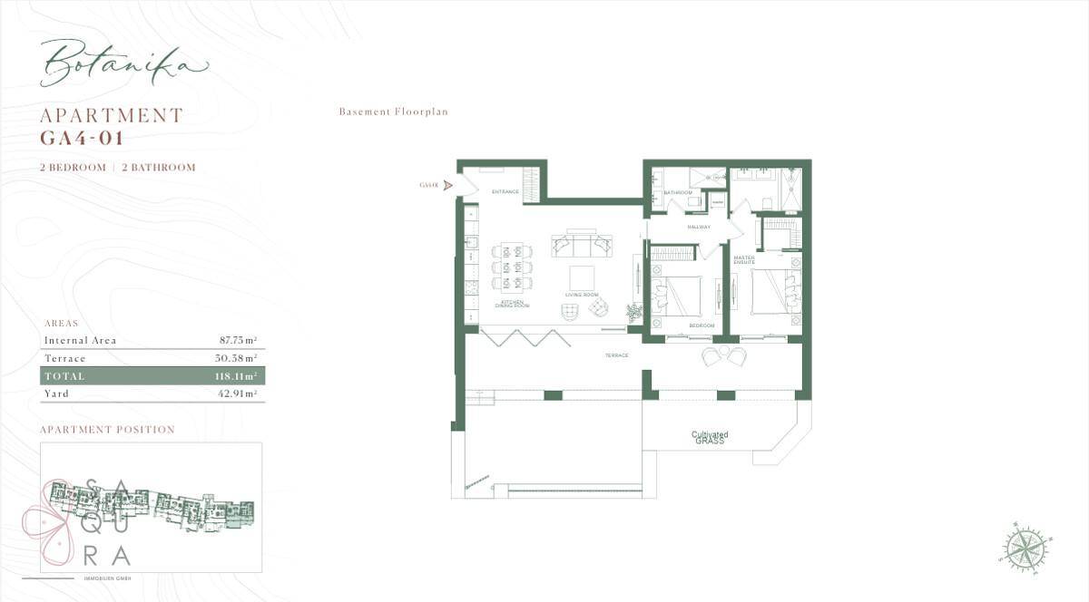 Grundriss einer Wohnung mit zwei Schlafzimmern, zwei Bädern, offenem Wohnbereich und Zugang zu Terrasse und Garten.