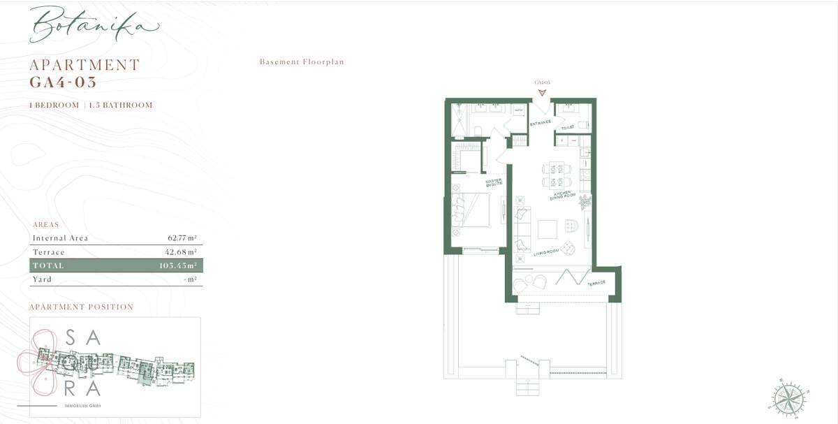 Grundriss des Apartments GA4-05 mit offenem Wohnbereich, Terrasse und Gartenfläche.