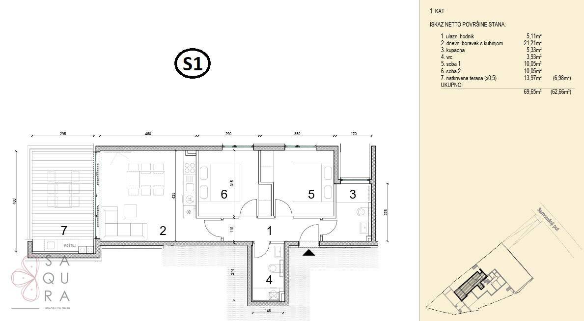 Grundriss der Wohnung S1 mit drei Zimmern, Küche, Bad und Terrasse.