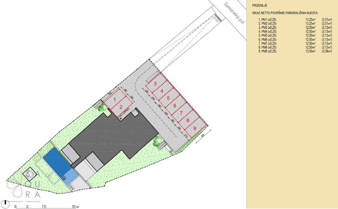 Lageplan des Grundstücks mit Gebäude, Swimmingpool und neun ausgewiesenen Parkplätzen.