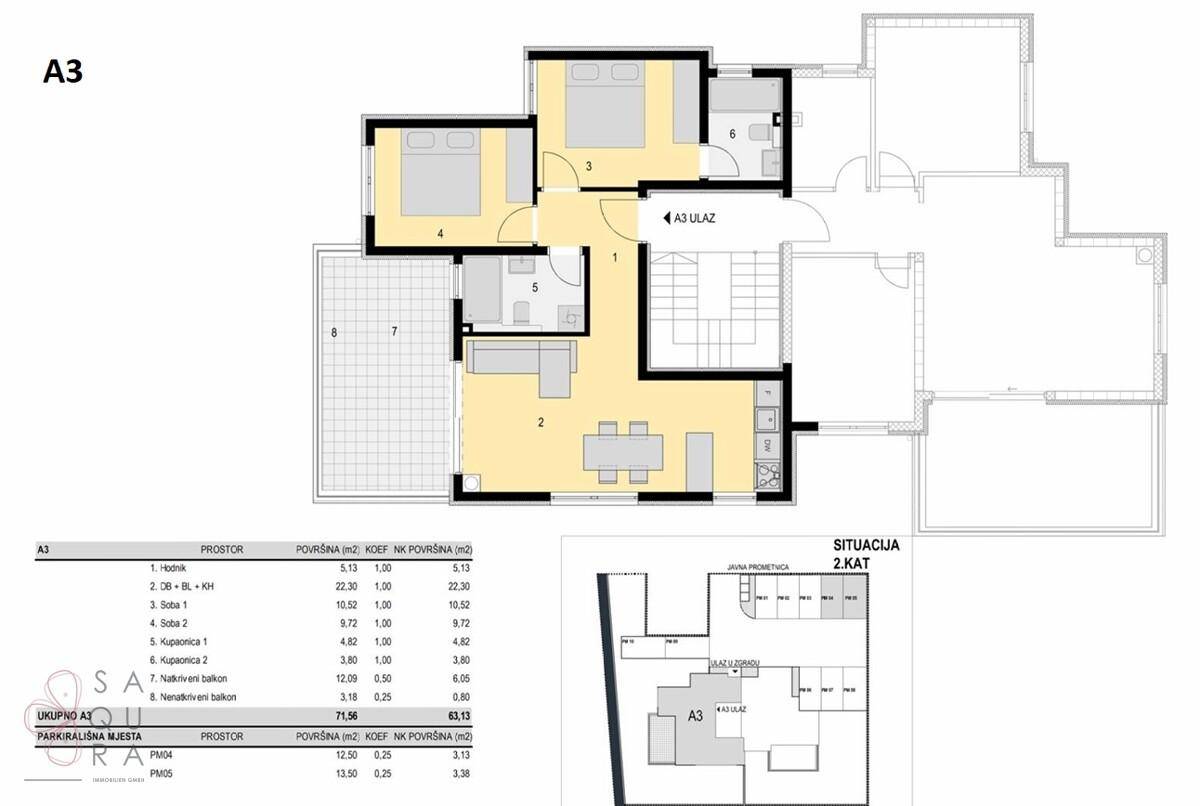 Grundriss der Wohnung A3 mit Wohnbereich, Schlafzimmern und Balkon.