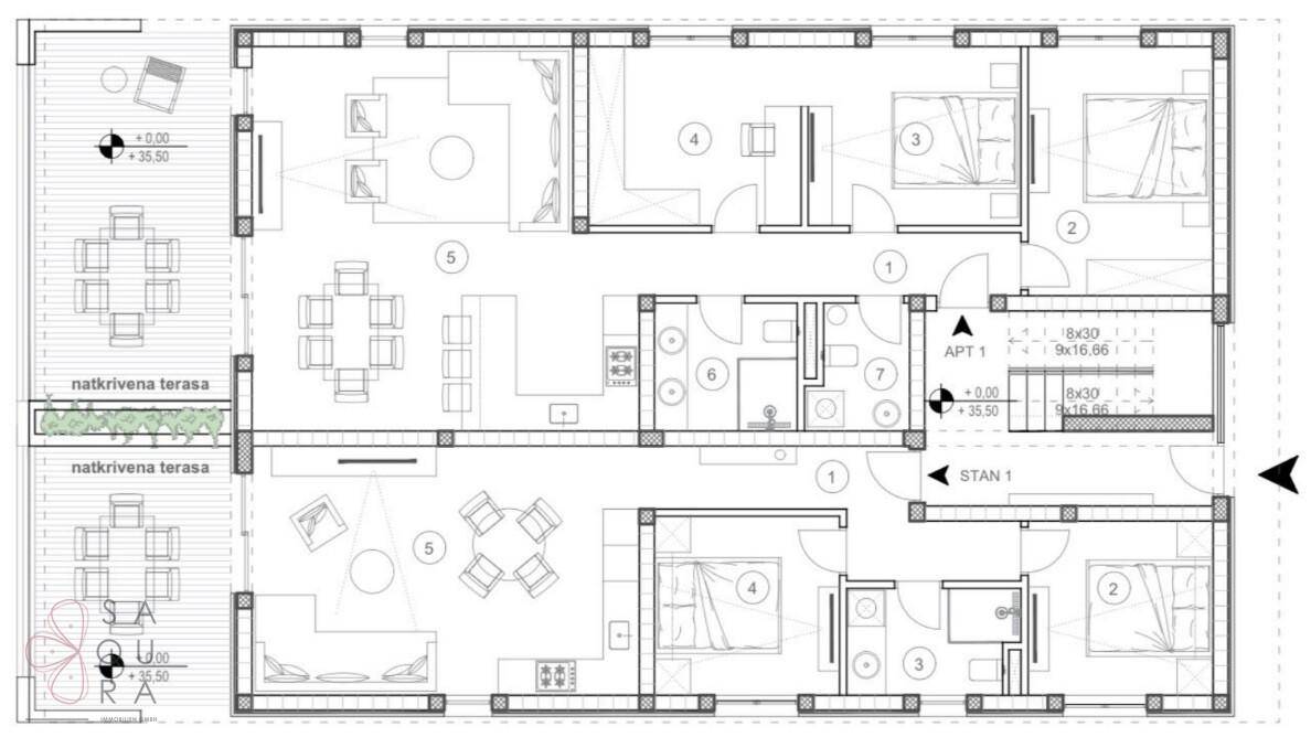 Detaillierter Grundriss von zwei Apartments mit Wohnbereichen, Schlafzimmern und großen Terrassen.