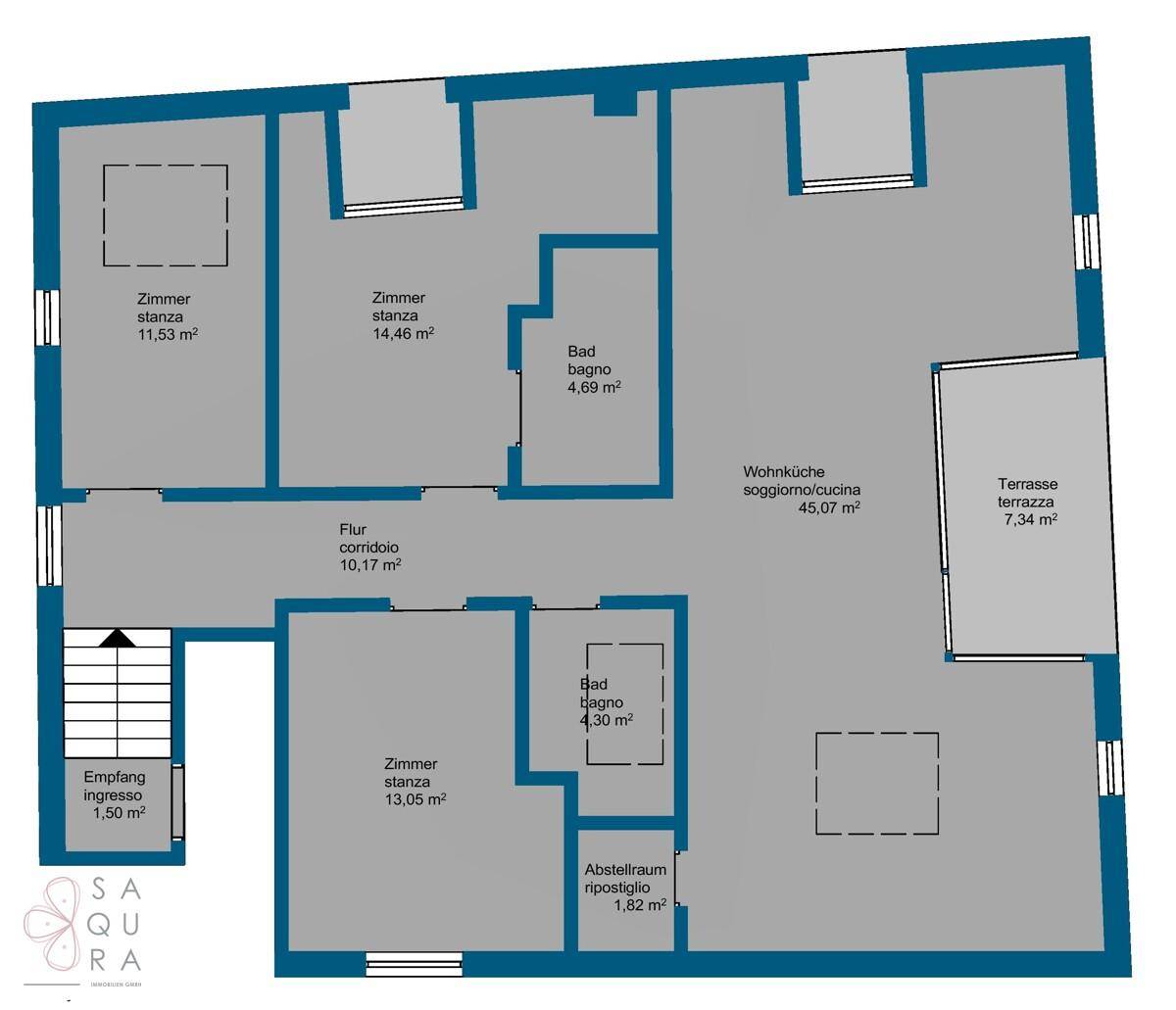 Grundriss einer Wohnung mit drei Zimmern, zwei Bädern, offener Wohnküche und großer Terrasse.