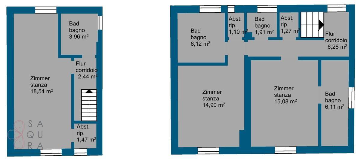 Zwei separate Grundrisse mit Zimmern, Bädern und Fluren.
