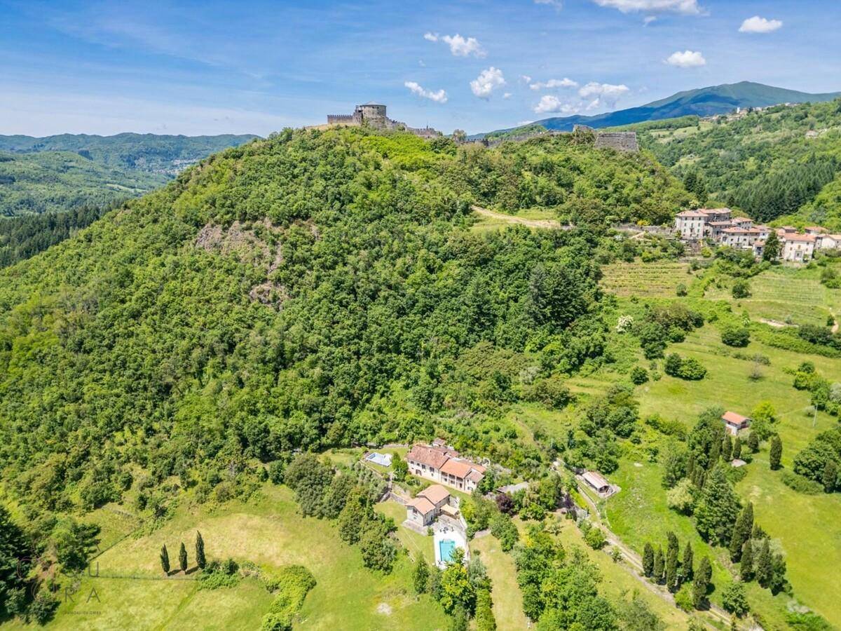 Weitläufige Luftaufnahme des Anwesens in einer bergigen Landschaft mit Burgruine im Hintergrund.