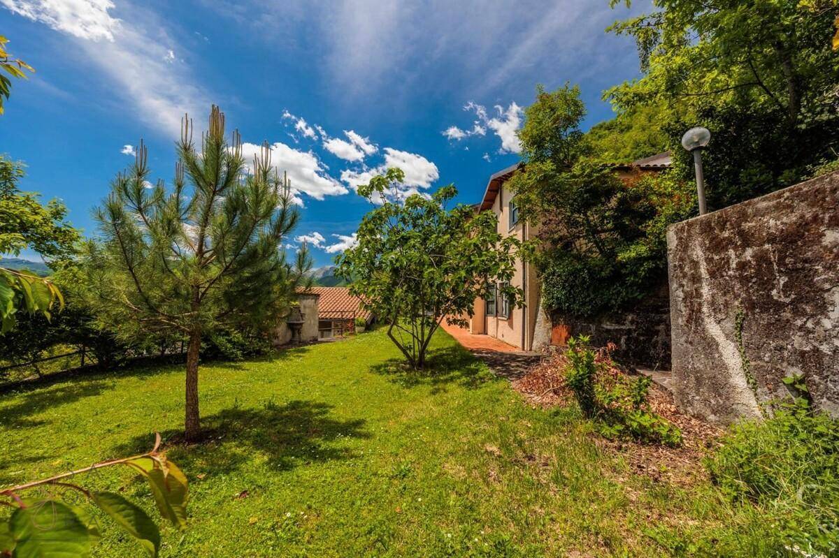 Großer Gartenbereich mit Rasen, Bäumen und dem Haus im Hintergrund unter blauem Himmel.