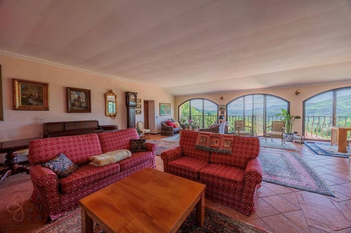 Gemütliches Wohnzimmer mit zwei roten Sofas, einem Holztisch und traditionellen Teppichen.