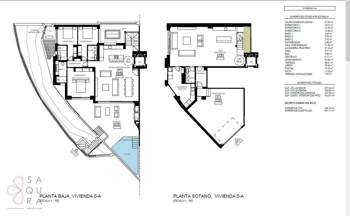 Grundriss einer Wohnung mit Erdgeschoss und Kellergeschoss, inklusive Poolbereich.