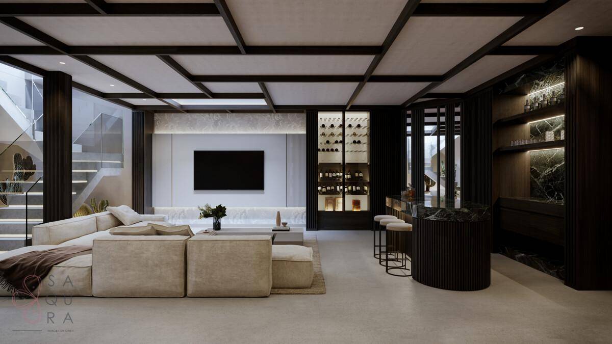 Modernes Wohnzimmer mit integrierter Bar, Weinkeller und stilvoller Beleuchtung.