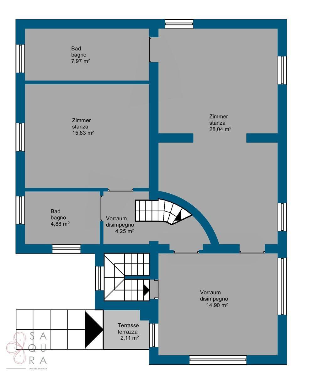 Grundriss der oberen Etage mit drei Zimmern, zwei Bädern und einem Vorraum, insgesamt 70,91 m².