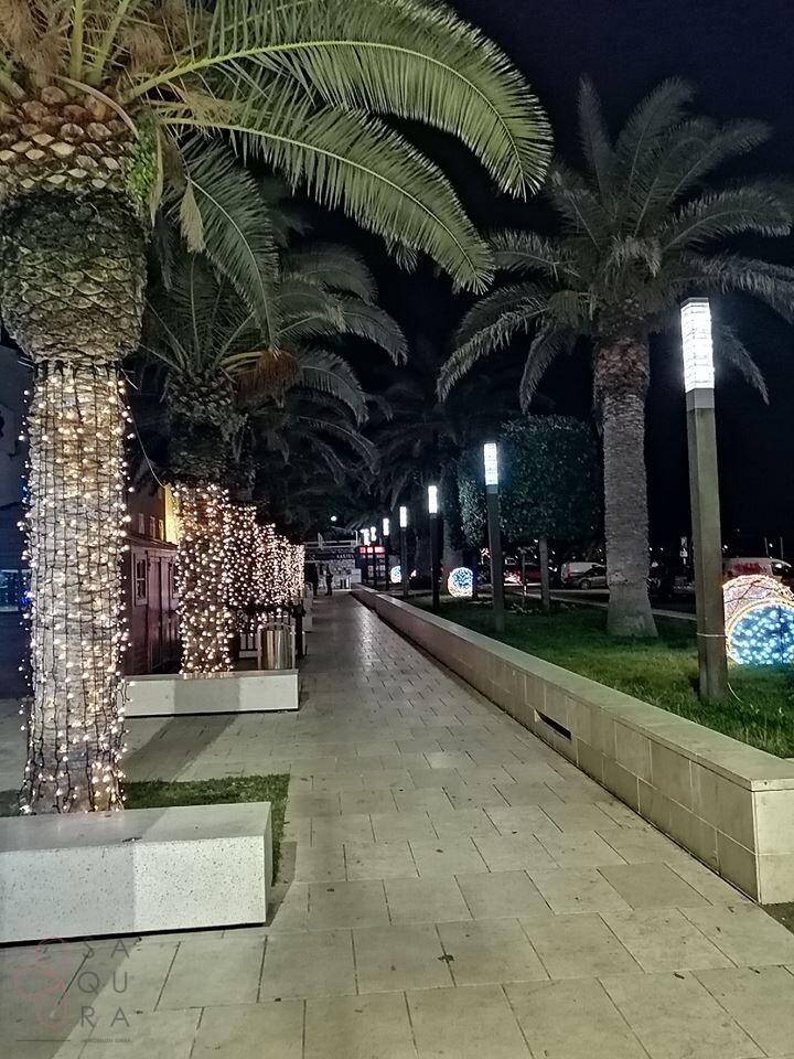 Festlich beleuchtete Promenade bei Nacht mit geschmückten Palmen und modernen Laternen.