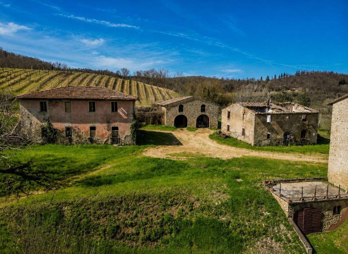 Luftaufnahme eines Anwesens mit mehreren historischen Gebäuden, umgeben von Weinbergen und grünen Wiesen.