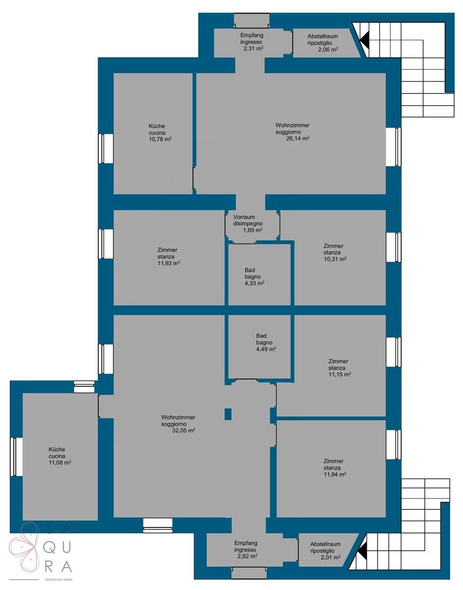 Grundriss des zweiten Obergeschosses mit Wohnzimmer, Küche und mehreren Schlafzimmern.