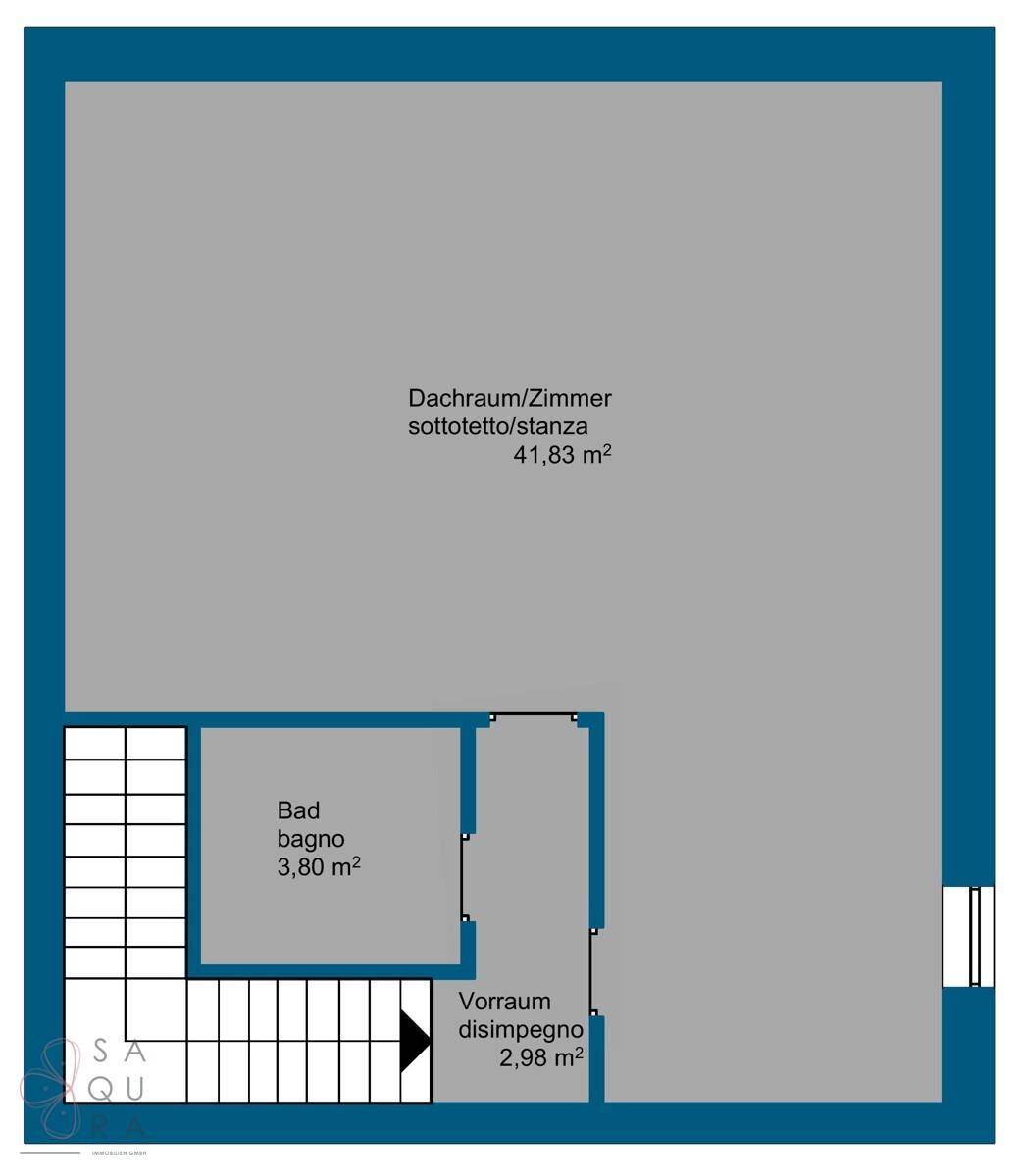 Grundriss des Dachgeschosses mit großem Zimmer, Bad und Vorraum.