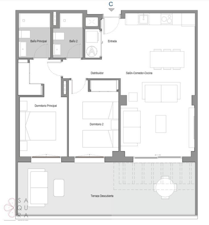 Grundriss einer Wohnung mit drei Schlafzimmern, offenem Wohnbereich und großer Terrasse.