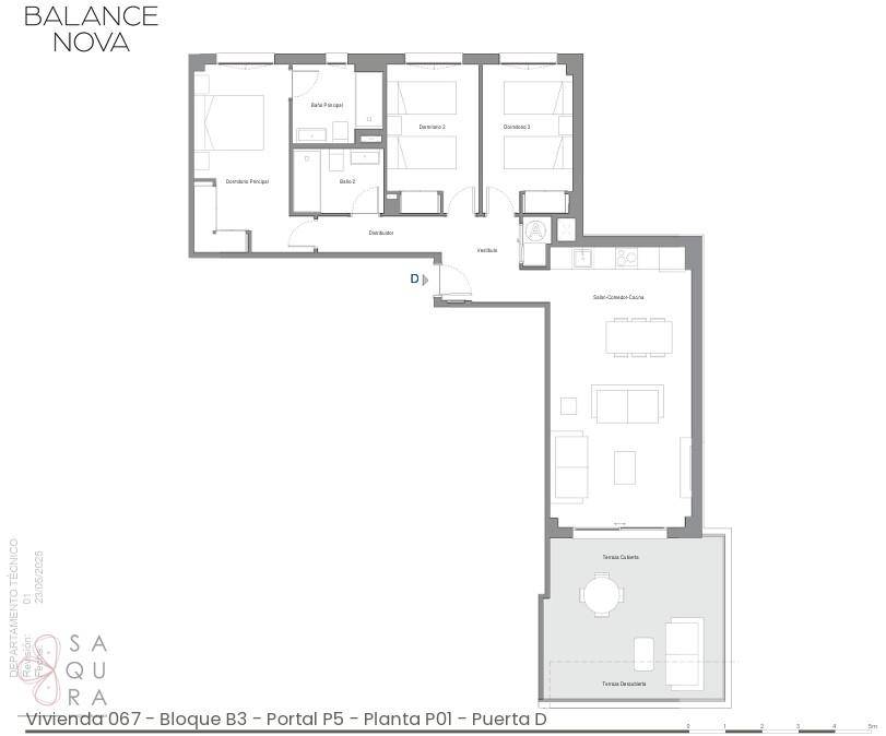 Grundriss einer Wohnung mit drei Schlafzimmern, zwei Bädern und großer Terrasse.