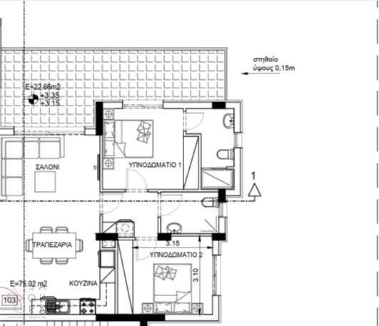 Grundriss zeigt einen offenen Wohnbereich, zwei Schlafzimmer, zwei Bäder und eine großzügige Terrasse.