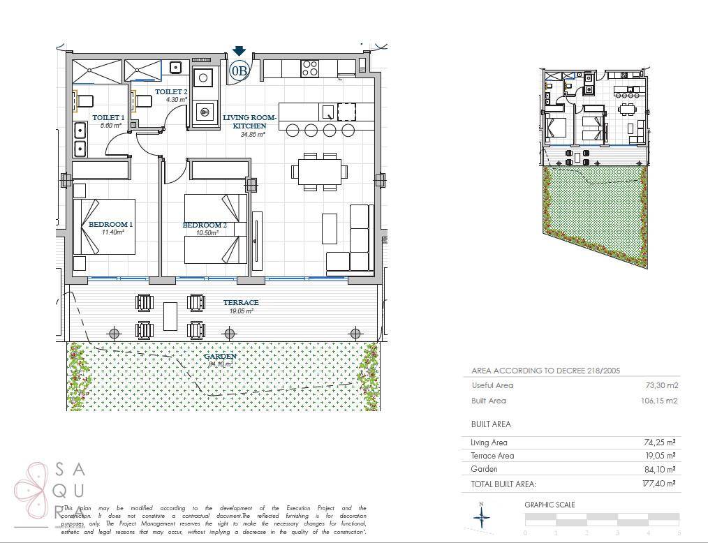 Grundriss einer Wohnung mit zwei Schlafzimmern, zwei Bädern, offenem Wohn-Essbereich, Terrasse und Garten.