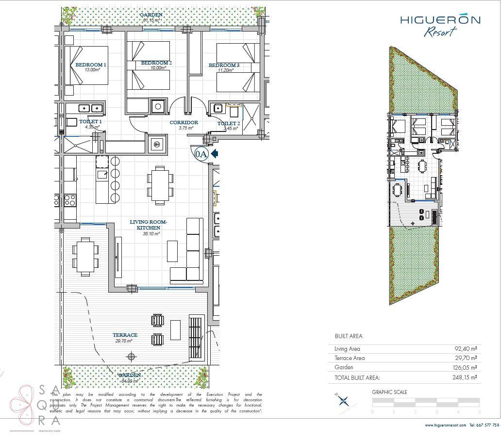 Grundriss einer Wohnung mit drei Schlafzimmern, offenem Wohn- und Küchenbereich, großer Terrasse und Garten.