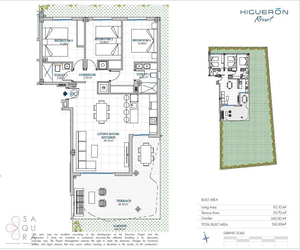 Grundriss einer Wohnung mit drei Schlafzimmern, zwei Bädern, offenem Wohn- und Küchenbereich sowie Zugang zu Terrasse und Garten.