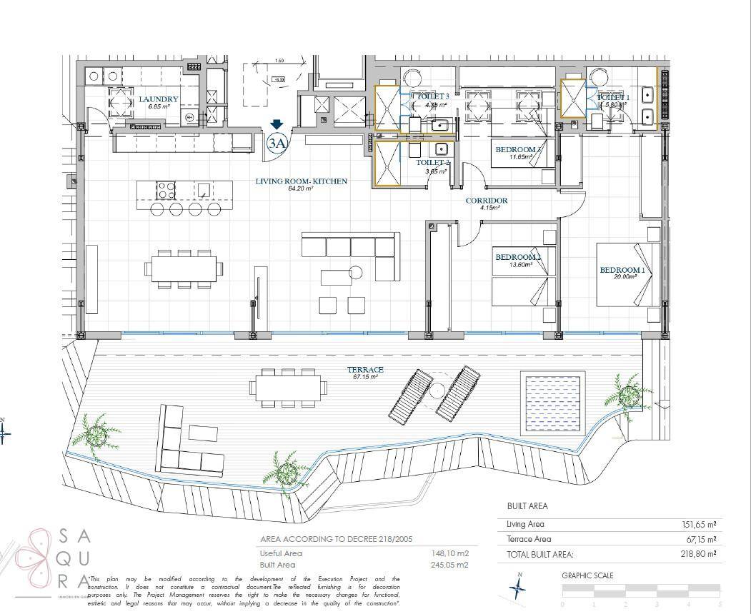 Detaillierter Grundriss einer modernen Wohnung mit offenem Wohn-Küchenbereich, drei Schlafzimmern und weitläufiger Terrasse.