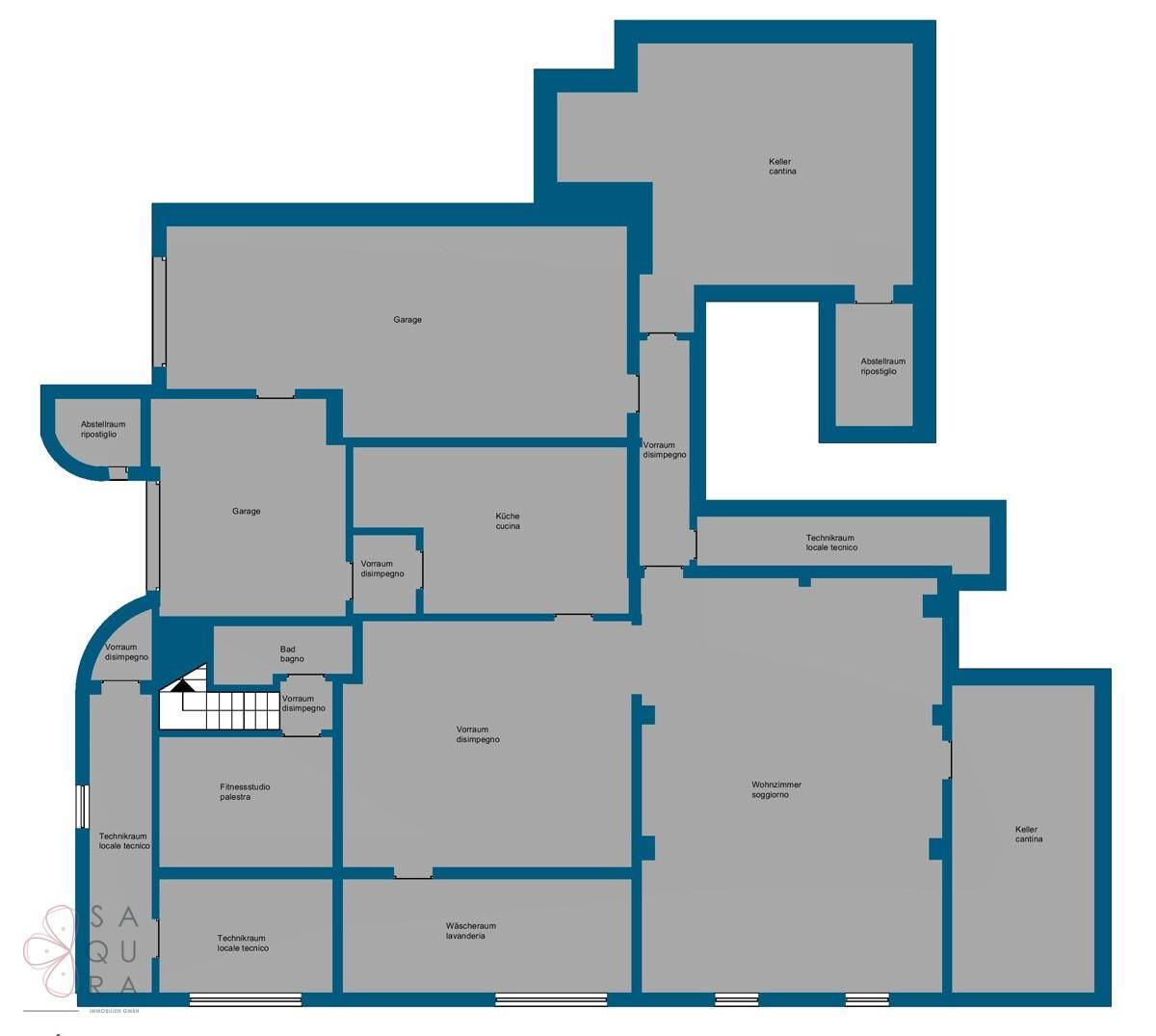 Grundriss des Untergeschosses mit Garage, Fitnessstudio, Technikräumen und mehreren Kellerräumen.