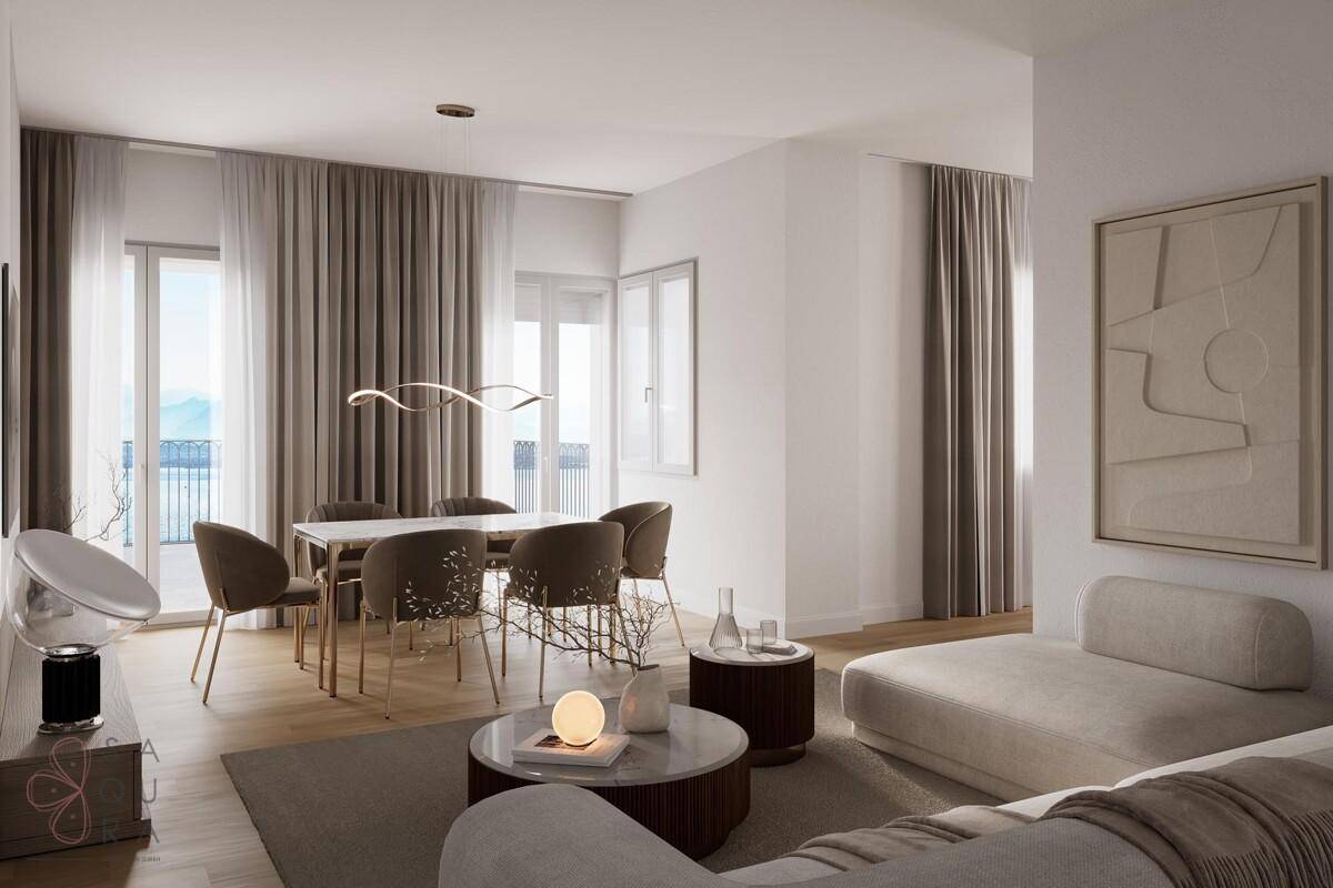 Eleganter Wohn-Essbereich mit gemütlicher Sitzecke und Essbereich, der einen weiten Blick bietet.