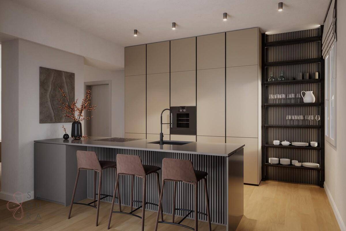 Elegante moderne Küche mit Kücheninsel, integrierten Geräten und praktischen Regalen für Geschirr.