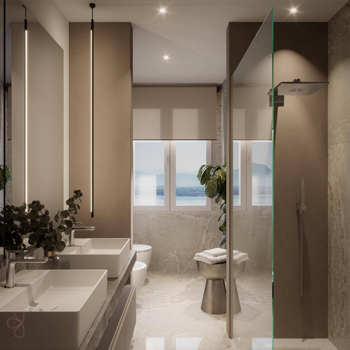 Modernes Badezimmer mit Doppelwaschbecken, großer begehbarer Dusche und Fenster mit schöner Aussicht.