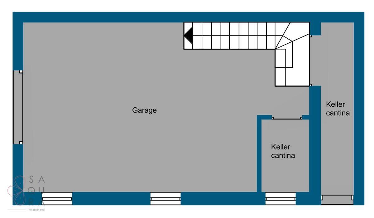 Grundriss des Untergeschosses mit großer Garage und zwei Kellerräumen.